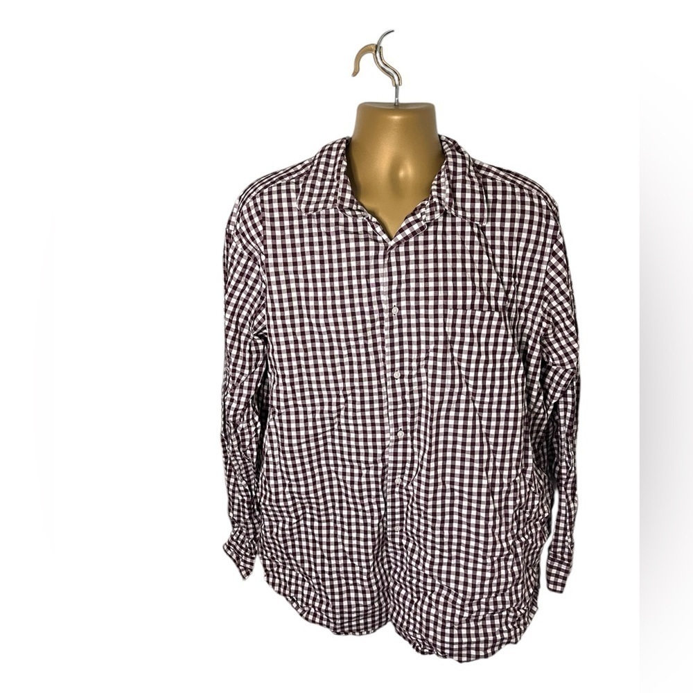 Claiborne Checkered Plaid Casual Button Down Shirt Maroon White XLT